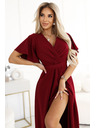 numoco JENNIFER dlhé šaty s rozparkom na nohaviciach, rukávom a výstrihom - vínovej farby
