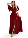numoco JENNIFER dlhé šaty s rozparkom na nohaviciach, rukávom a výstrihom - vínovej farby