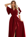 numoco JENNIFER dlhé šaty s rozparkom na nohaviciach, rukávom a výstrihom - vínovej farby