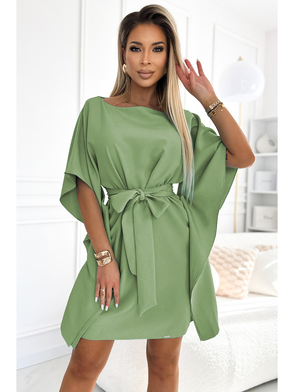 numoco SOFIA Motýlikové šaty so zaväzovaním v páse - olivová farba