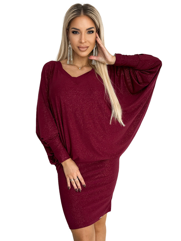 numoco Netopierske šaty s výstrihom - vínovej farby so trblietkami