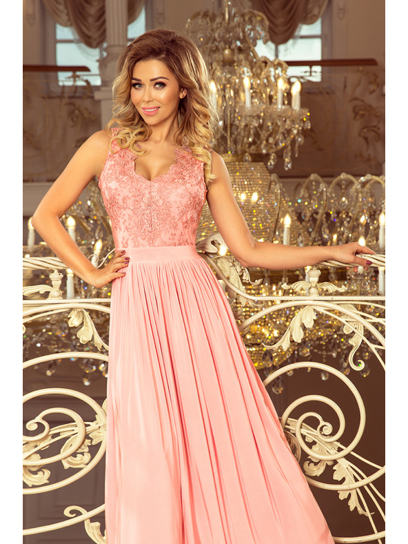 numoco LEA dlhé šaty s vyšívaným výstrihom - ružové