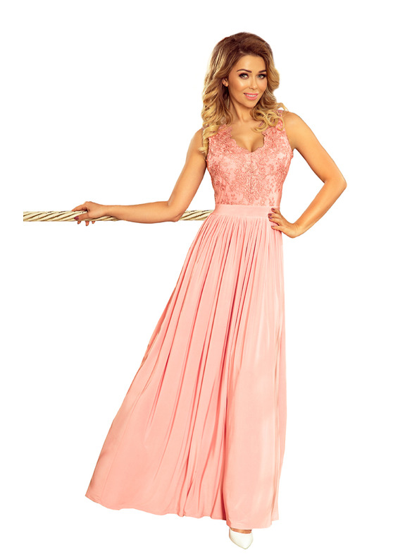 numoco LEA dlhé šaty s vyšívaným výstrihom - ružové