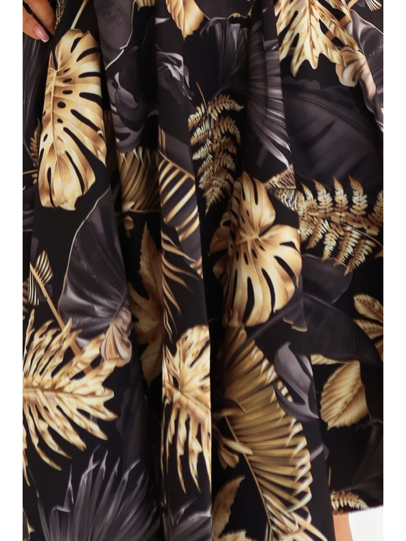 numoco Čierne midi šaty s elegantným vrškom a rozšíreným spodným dielom - zlaté listy