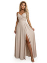numoco CHIARA Maxi šaty so špagetovými ramienkami, zavinovacím výstrihom a rozparkom na nohavici - šampanské béžové so trblietkami