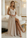 numoco CHIARA Maxi šaty so špagetovými ramienkami, zavinovacím výstrihom a rozparkom na nohavici - šampanské béžové so trblietkami