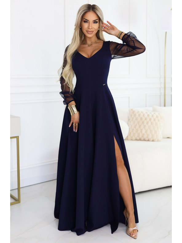 numoco LORETTA jedinečné dlhé šaty s tylovou sukňou a výstrihom - tmavo modrá