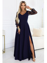 numoco LORETTA jedinečné dlhé šaty s tylovou sukňou a výstrihom - tmavo modrá