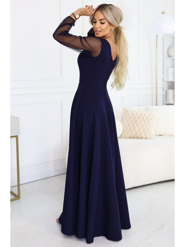 numoco LORETTA jedinečné dlhé šaty s tylovou sukňou a výstrihom - tmavo modrá