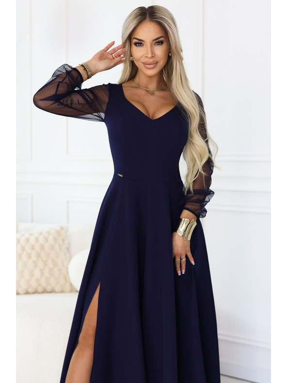 numoco LORETTA jedinečné dlhé šaty s tylovou sukňou a výstrihom - tmavo modrá