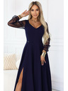 numoco LORETTA jedinečné dlhé šaty s tylovou sukňou a výstrihom - tmavo modrá