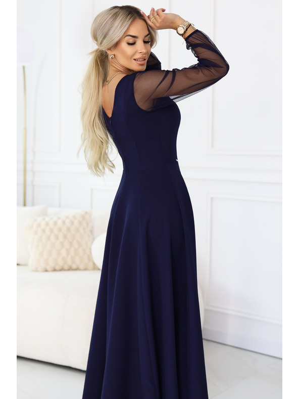 numoco LORETTA jedinečné dlhé šaty s tylovou sukňou a výstrihom - tmavo modrá