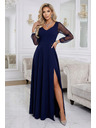 numoco LORETTA jedinečné dlhé šaty s tylovou sukňou a výstrihom - tmavo modrá