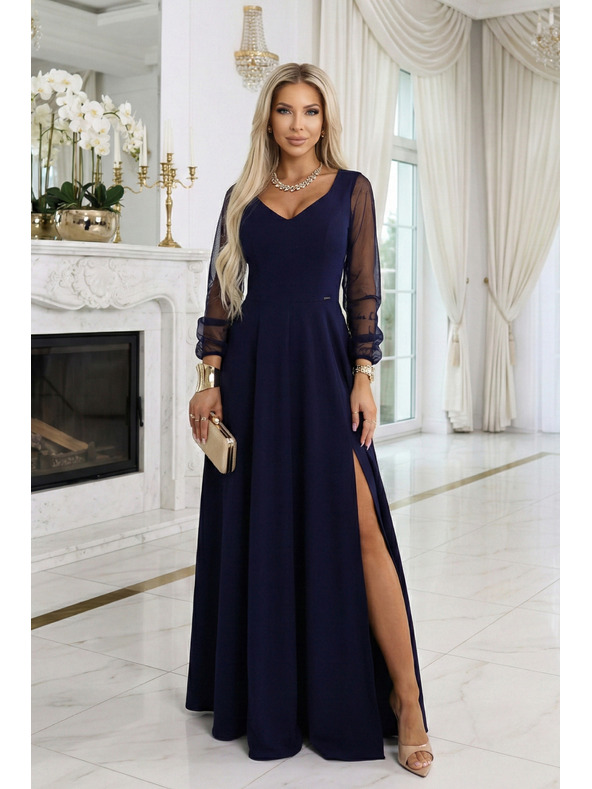 numoco LORETTA jedinečné dlhé šaty s tylovou sukňou a výstrihom - tmavo modrá
