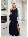 numoco LORETTA jedinečné dlhé šaty s tylovou sukňou a výstrihom - tmavo modrá