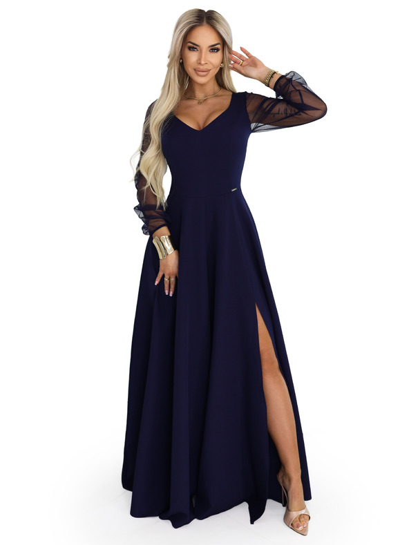 numoco LORETTA jedinečné dlhé šaty s tylovou sukňou a výstrihom - tmavo modrá