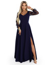 numoco LORETTA jedinečné dlhé šaty s tylovou sukňou a výstrihom - tmavo modrá