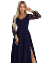 numoco LORETTA jedinečné dlhé šaty s tylovou sukňou a výstrihom - tmavo modrá