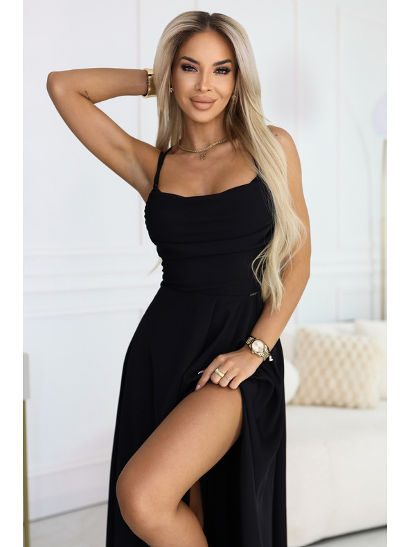 numoco Maxi šaty na ramienka, so šnurovačkou na chrbte a rozparkom - čierne