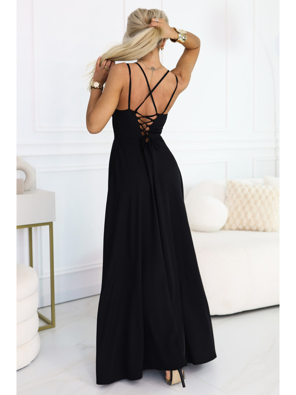 numoco Maxi šaty na ramienka, so šnurovačkou na chrbte a rozparkom - čierne
