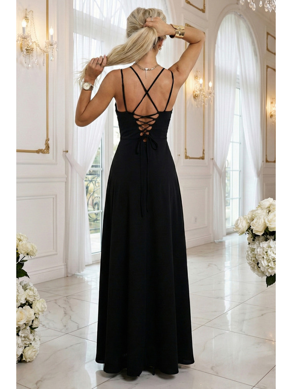 numoco Maxi šaty na ramienka, so šnurovačkou na chrbte a rozparkom - čierne