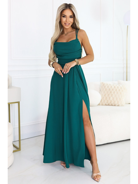 numoco Maxi šaty na ramienka s korzetovým šnurovaním na chrbte a rozparkom - fľaškovo zelená