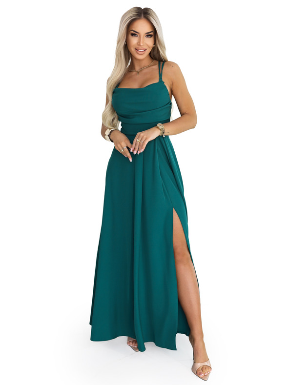 numoco Maxi šaty na ramienka s korzetovým šnurovaním na chrbte a rozparkom - fľaškovo zelená