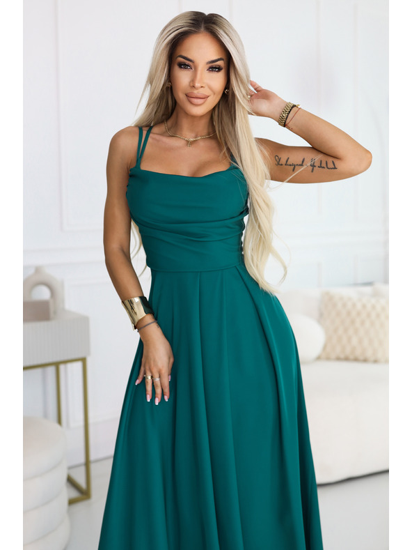 numoco Maxi šaty na ramienka s korzetovým šnurovaním na chrbte a rozparkom - fľaškovo zelená