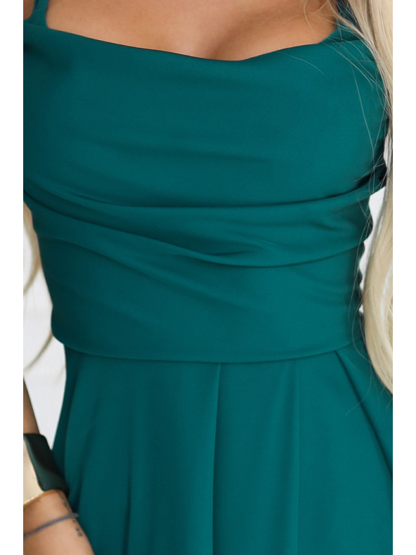 numoco Maxi šaty na ramienka s korzetovým šnurovaním na chrbte a rozparkom - fľaškovo zelená
