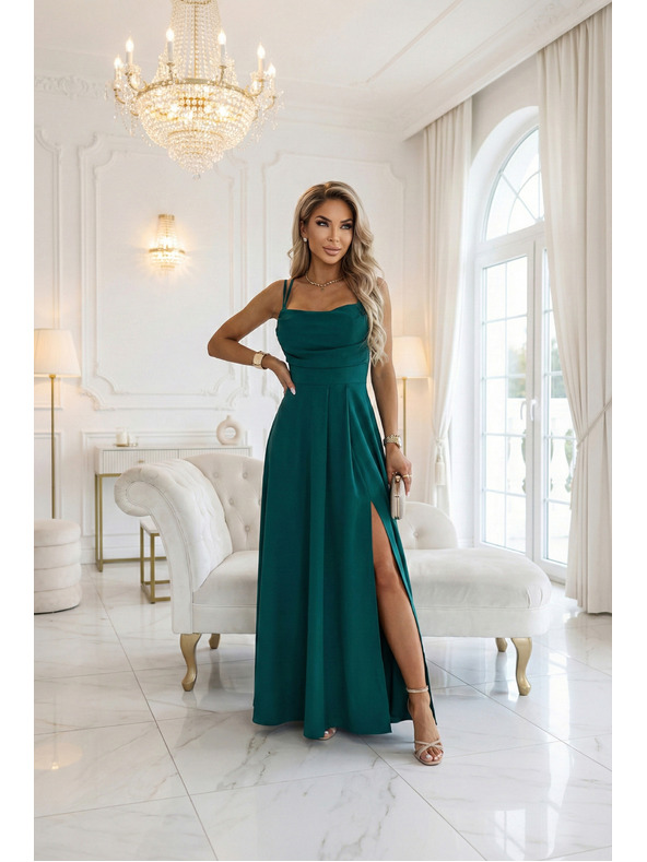 numoco Maxi šaty na ramienka s korzetovým šnurovaním na chrbte a rozparkom - fľaškovo zelená