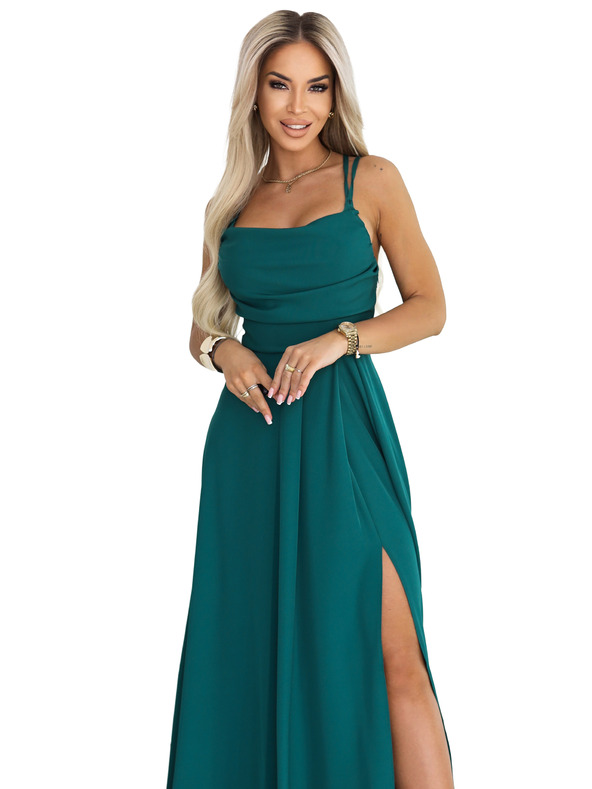 numoco Maxi šaty na ramienka s korzetovým šnurovaním na chrbte a rozparkom - fľaškovo zelená