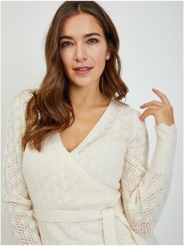 Orsay Krémové dámske perforované svetrové šaty so zaväzovaním ORSAY