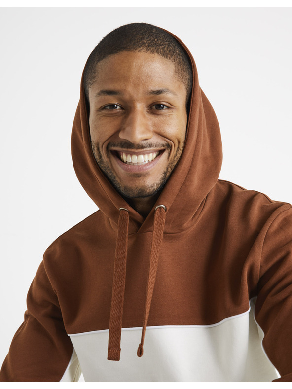 Celio Hnedo-biela pánska bavlnená mikina s kapucňou Celio Debiding