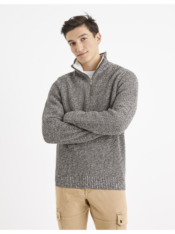 Celio Bielo-šedý pánsky žíhaný sveter Celio Veviking