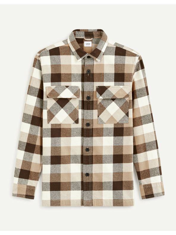 Celio Hnedá pánska kockovaná košeľa Celio Caochecky