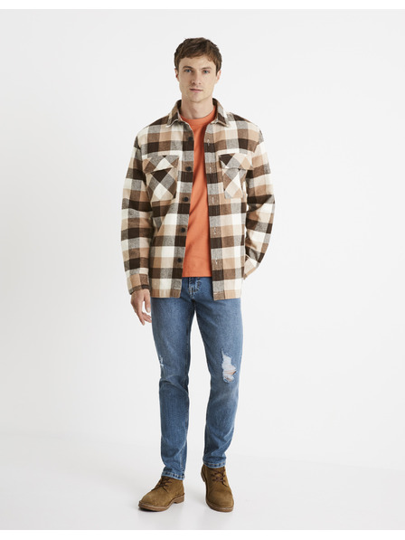 Celio Hnedá pánska kockovaná košeľa Celio Caochecky