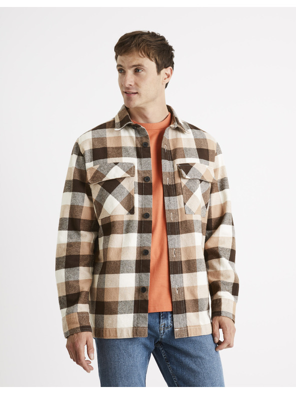 Celio Hnedá pánska kockovaná košeľa Celio Caochecky