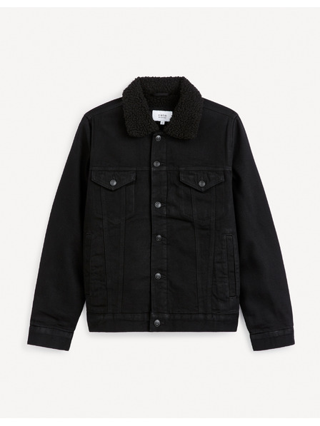 Celio Čierna pánska džínsová bunda s kožúškom Celio Cudensherp