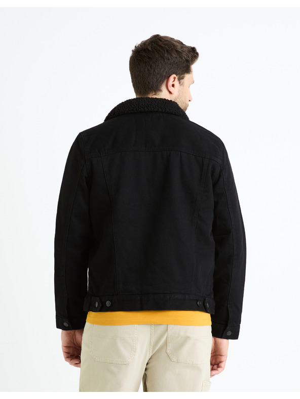 Celio Čierna pánska džínsová bunda s kožúškom Celio Cudensherp