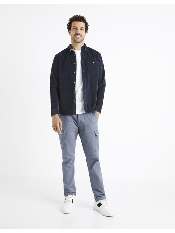Celio Tmavomodrá pánska manšestrová košeľa Celio Carduroys