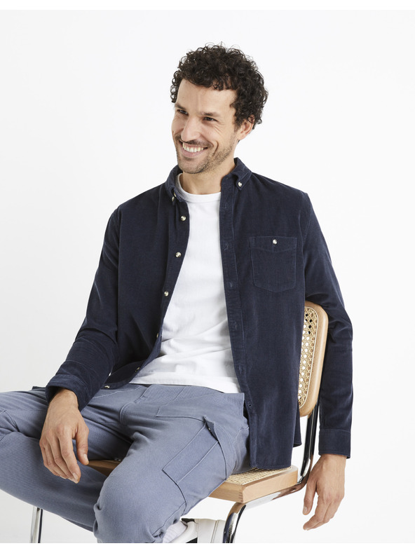 Celio Tmavomodrá pánska manšestrová košeľa Celio Carduroys