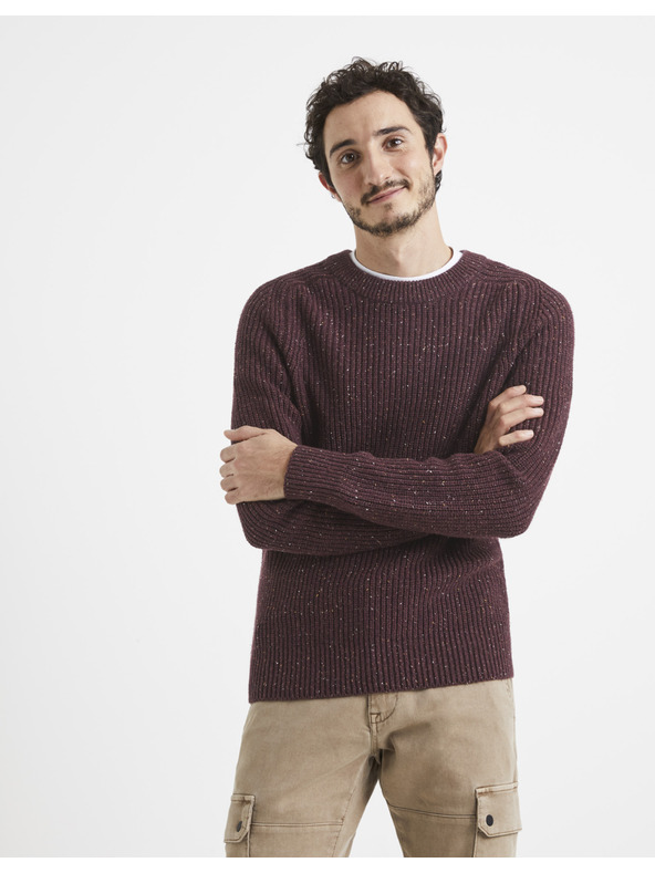 Celio Pánsky bordový pruhovaný sveter Celio