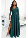 numoco Elegantné čipkované dlhé šaty s výstrihom - zelené Numoco AMBER