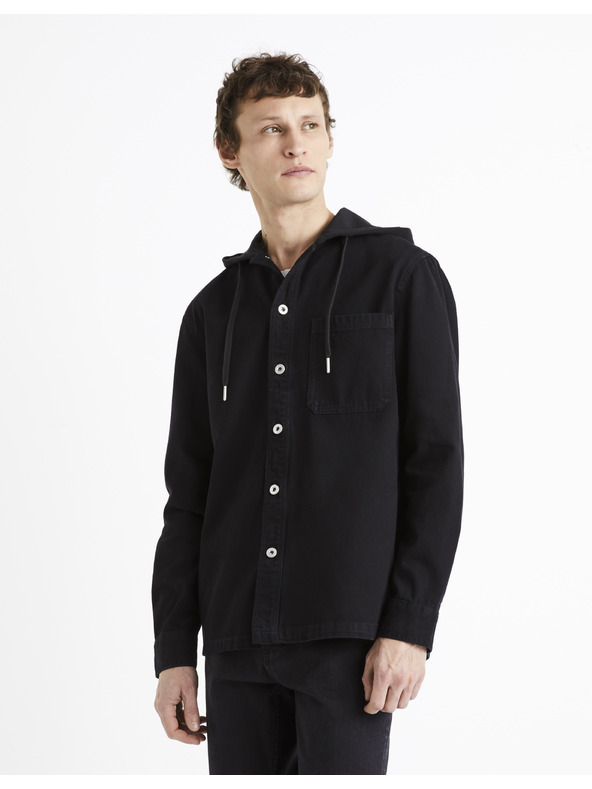 Celio Čierne pánske džínsové tričko s kapucňou Celio Dadenim