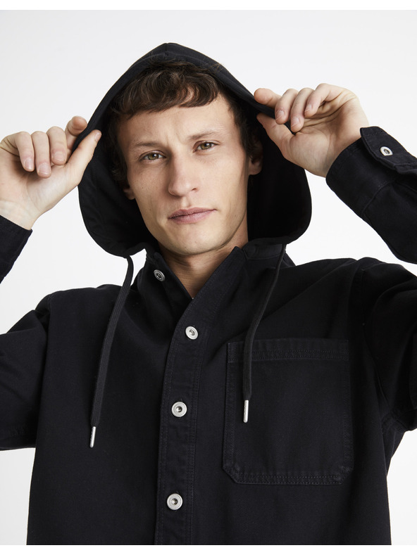 Celio Čierne pánske džínsové tričko s kapucňou Celio Dadenim