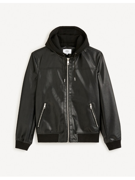 Celio Čierna pánska kožená bunda s kapucňou Celio Fumati