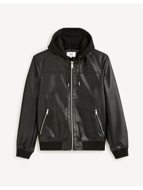 Celio Čierna pánska kožená bunda s kapucňou Celio Fumati