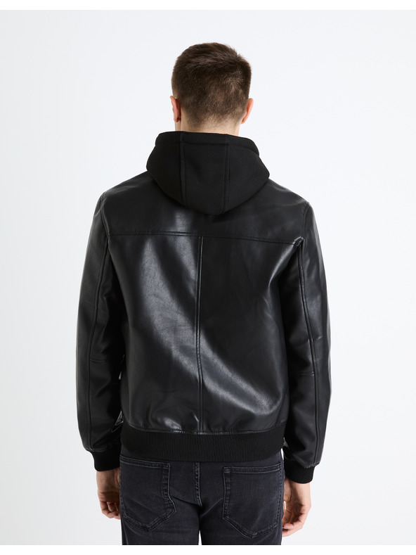 Celio Čierna pánska kožená bunda s kapucňou Celio Fumati