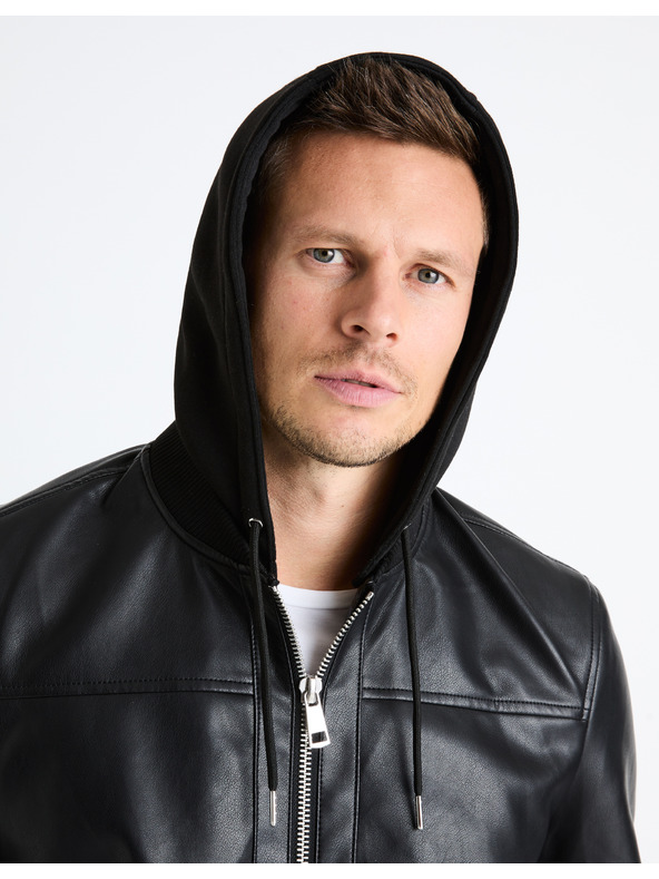 Celio Čierna pánska kožená bunda s kapucňou Celio Fumati