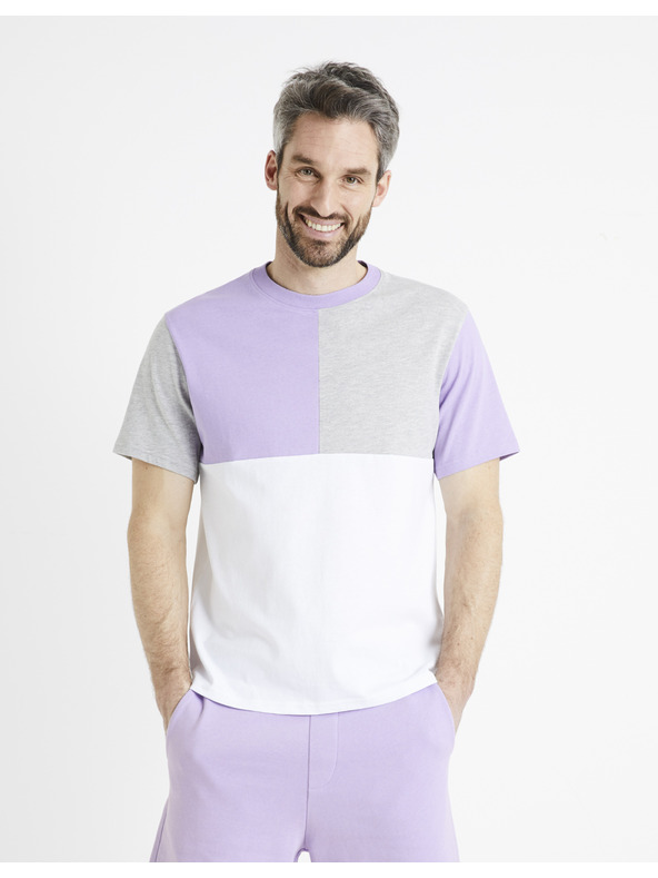 Celio Fialovo-biele pánske bavlnené tričko Celio Dequoi